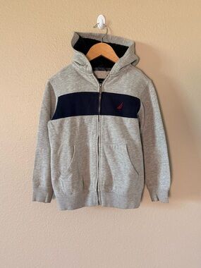 Nautica Gray Zip-Up Hoodie with Navy Stripe and Red Logo